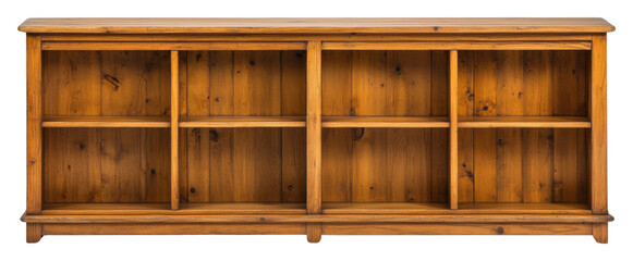 PNG A wooden shelving unit with multiple open compartments, designed for storage and display, showcasing a rustic finish.