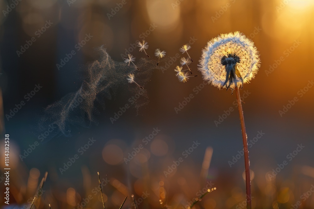 Aufkleber a close-up of a dandelion with its seeds blowing away in the wind, often used for illustration or as