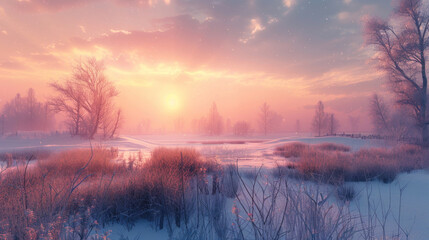 Fototapeta premium Winter sunrise casting a warm glow over a snow-covered field, creating a peaceful and inviting scene
