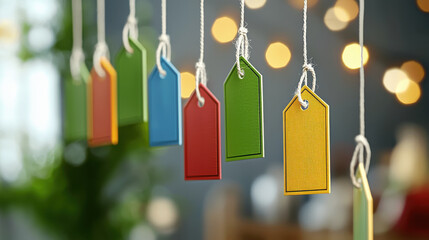 Colorful price tags hanging with blurred lights in background create vibrant atmosphere