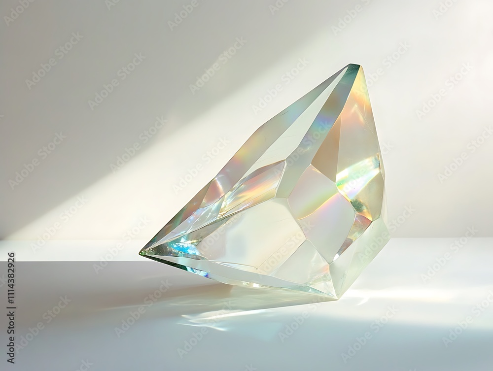 Poster sparkling crystal prism refracting light on white surface.