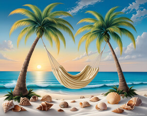 Obraz premium Relaxing on a hammock between palm trees at sunset by the tranquil ocean beach, surrounded by seashells and golden sands