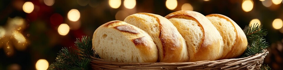 Naklejka premium Freshly baked bread rolls in a rustic basket beside twinkling festive lights