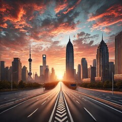 Obraz premium Panoramic city skyline and buildings with empty asphalt road at sunset 