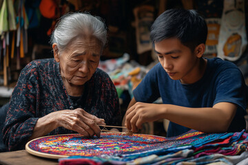 Fototapeta premium Elderly woman teaches young boy traditional weaving skills in vibrant marketplace. Generative AI