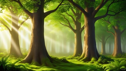 Luminous rays of sunlight shining through the mist and green foliage in a forest clearing, a panoramic landscape, Tree With Sunshine In Wild Forest