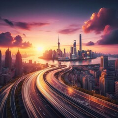 Obraz premium Panoramic city skyline and buildings with empty asphalt road at sunset 