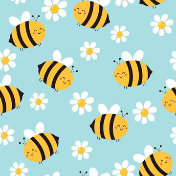 Cute bee seamless pattern. Background for kids with bees and daisies. Vector illustration. It can be used for wallpapers, wrapping, cards, patterns for clothes and other.