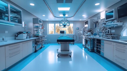 Here's a  and keyword list for your image.. Modern, sterile operating room with surgical table, equipment, and bright lighting.