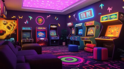Retro arcade game room with neon lights and 80s decor.