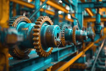 Fototapeta premium Mechanical gears stacked on a shelf, suitable for industrial or technical background