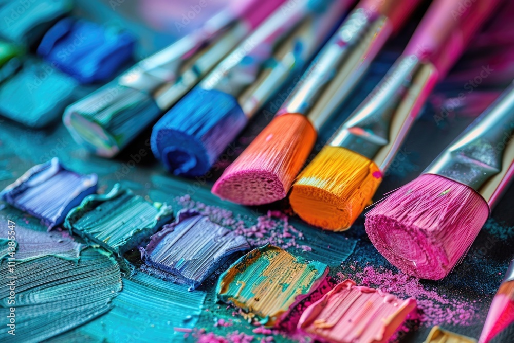 Poster collection of paint brushes arranged on a table surface, ready for use