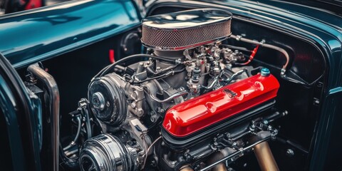 Close-up View of a Classic Car's Powerful Engine: Chrome, Red, and Steel Details Gleam Under the...