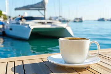 Enjoying coffee by the marina with a view of yachts and clear blue waters