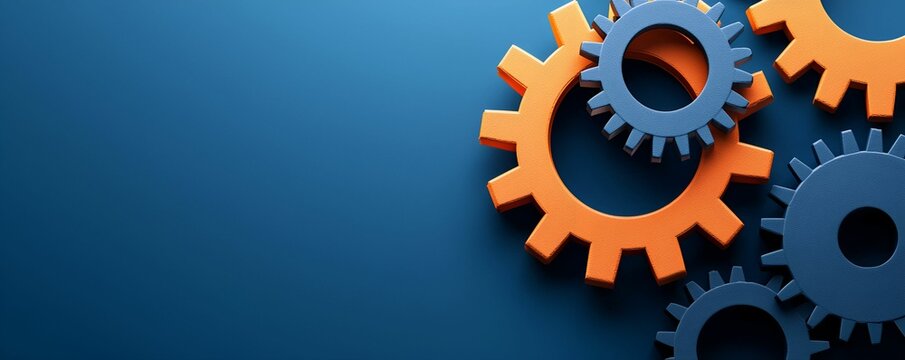 A vibrant composition of orange and blue gears against a solid background, symbolizing engineering, mechanics, and industrial design.