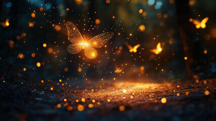 Enchanting Firefly Forest at Night. A magical and serene scene of a dark forest at night, filled with glowing fireflies.