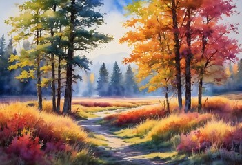 Fototapeta premium A picturesque landscape in the fall. A path leading between two groups of deciduous trees into a forest clearing. Watercolor-like AI-generated image.
