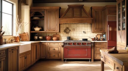 Rustic kitchen with wood cabinets, red range, and farmhouse sink.