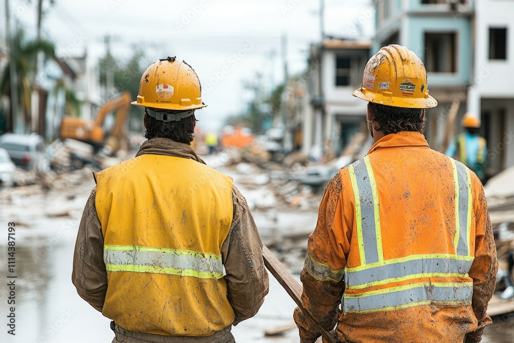 Poster two construction workers on a building site wearing hard hats and reflective vests