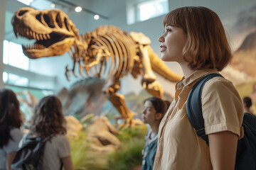 Exploring dinosaur exhibits in a natural history museum during a school field trip. Generative AI
