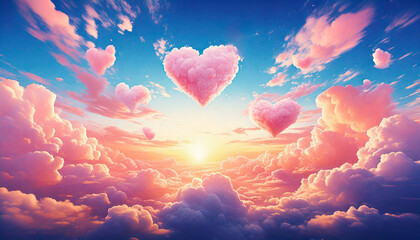 ハート形の雲、ピンクの雲、夕日の空、ロマンチックな雲、ファンタジーの景色、幻想的な空、青空と雲、雲海に浮かぶハート、夢のような風景