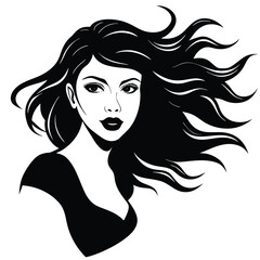 women hair flying style loose curls silhouette vector style white background.