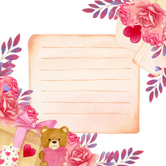 Watercolor frame with area for notes decorated pink rose, brunches, gifts and heart.