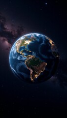 Fototapeta premium Earth from space showing cities, stars, and the Milky Way.A celestial view of humanity’s home under the vast expanse of stars.A glowing symbol of unity and wonder, where Earth reflects the duality of 