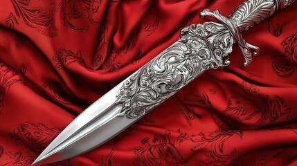 Ornate silver dagger rests on red silk fabric.