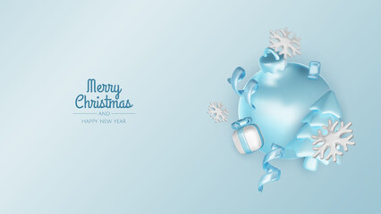 Fototapeta premium Happy New Year and Merry Christmas. Christmas holiday background with realistic 3d objects, blue and white bauble balls, conical metal stars, gift. Levitation falling design composition.