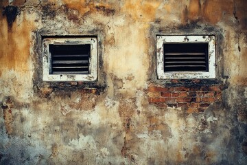 Two windows on the side of a building