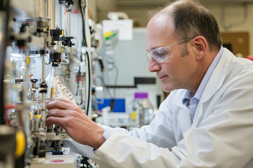 Researcher observing enzyme reactions in a lab, representing metabolic engineering