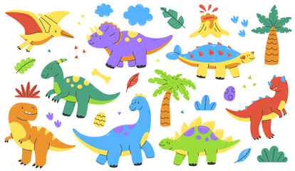 Cute colorful cartoon dinosaurs set. flat children's illustration with multicolored dinosaurs isolated on a white background. © Ekaterina Chemakina