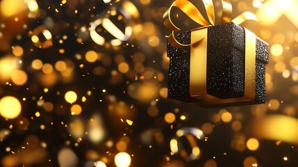 Glittering Black Gift Box With Gold Bow And Confetti