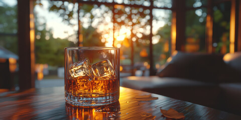 glass of whiskey with ice sits on wooden table, glowing amber in warm sunset light. scene evokes sense of relaxation and comfort