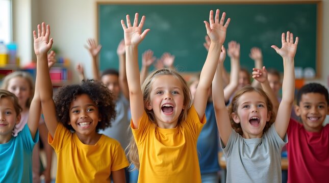 Joyful kids raise hands in class, radiating excitement and eagerness to learn. A vibrant classroom scene!