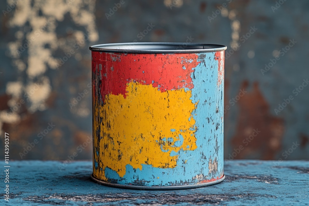 Poster a can of paint sitting on a table, ready for use