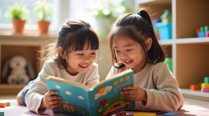 Two smiling girls engrossed in a colorful children's book, enjoying a shared reading experience in a bright, playful room.