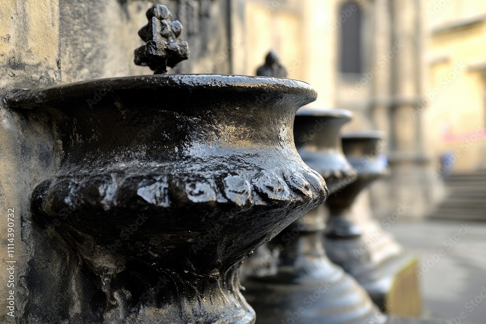 Poster row of black vases on the side of a building, great for interior design or architecture concepts