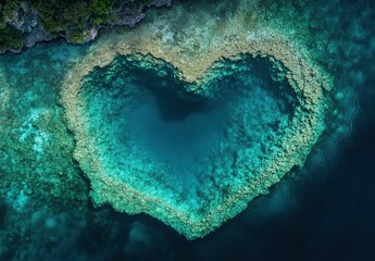 Obraz premium Aerial View of a Stunning Heart-Shaped Coral Reef Surrounded by Crystal Clear Turquoise Water in a Tropical Marine Environment
