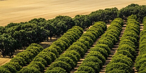 Fototapeta premium Aerial view of tree rows in a field, suitable for landscape or farm use