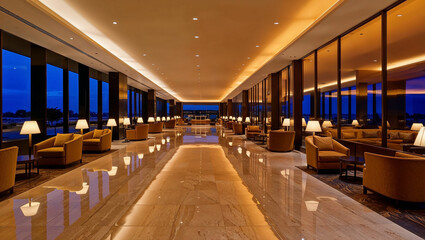 Elegant hotel lobby with comfortable seating and large windows showing night city view