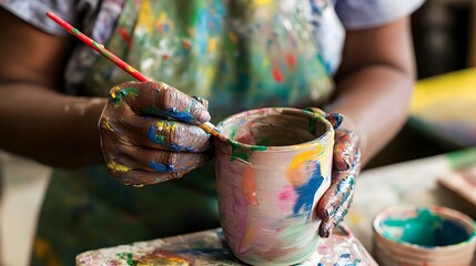 Obraz premium Photo of a person painting pottery in a ceramics class, with vibrant colors on their hands and apron.