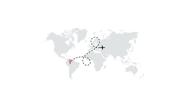 Airplane line path vector icon animation. World map with Travel on airplane maps has a simple animation background.