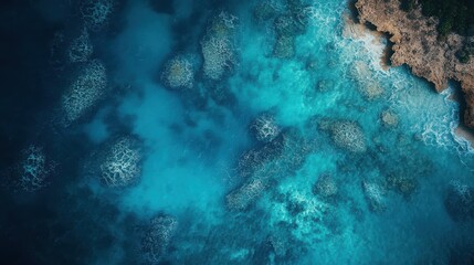 Fototapeta premium Aerial View of Crystal Clear Ocean Waters with Coral Reefs and Rocky Shoreline on a Sunny Day Capturing the Beauty of Nature's Underwater Landscape