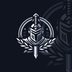 flat e-sport logo of a stylized knight’s helmet and sword