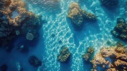 Fototapeta premium Aerial View of Crystal Clear Tropical Waters Over Vibrant Coral Reefs with Sunlight Creating Beautiful Light Patterns Beneath the Surface