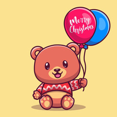 Cute bear holding balloons for christmas, for the new year and for christmas cartoon illustration.