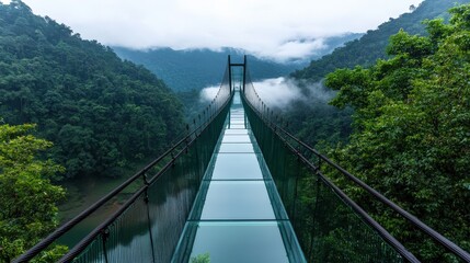 Obraz premium A stunning glass bridge stretches over lush mountains, surrounded by mist and greenery, creating a breathtaking view of nature's beauty.