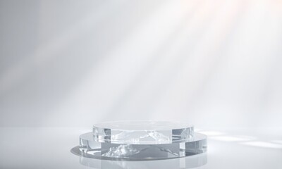 Glass Podium with Light Rays: A minimalist product display featuring a sleek, clear glass podium bathed in soft, warm light rays. Perfect for showcasing cosmetics, jewelry, or other premium products.